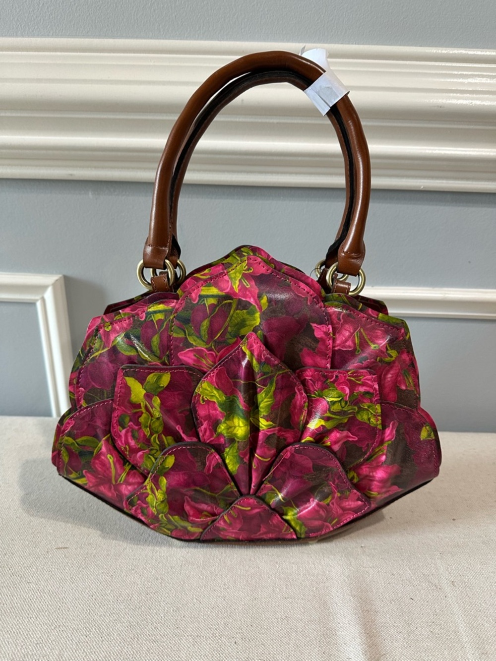 Patricia Nash Pink & Green Floral Petal Tote with Brown Handles